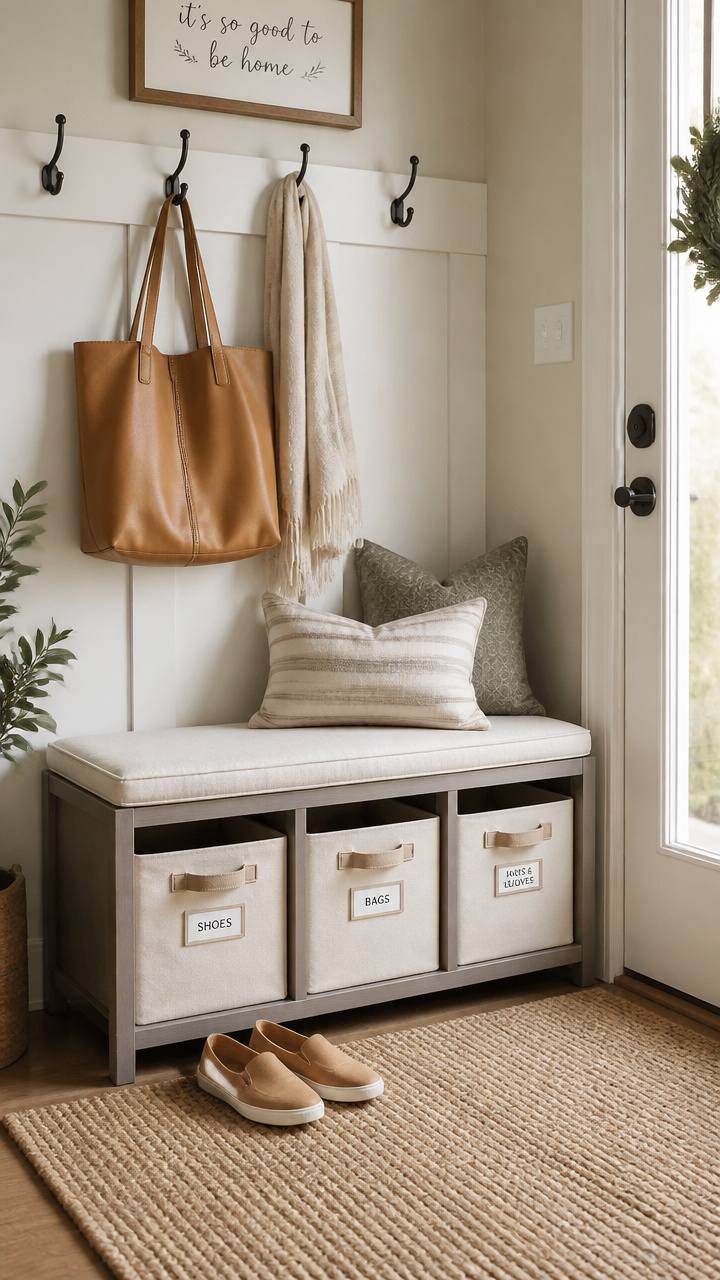 Add a Labeled Storage Bench by the Door