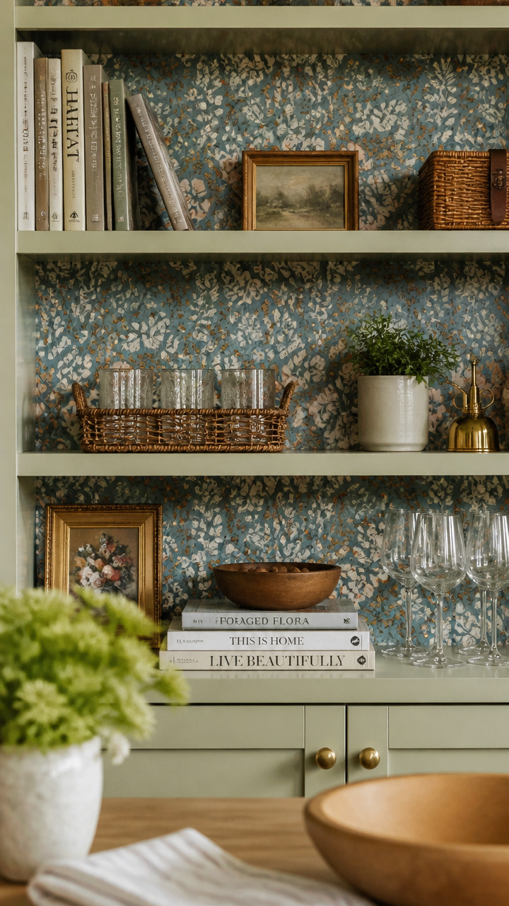 Line Shelves with Patterned Wallpaper