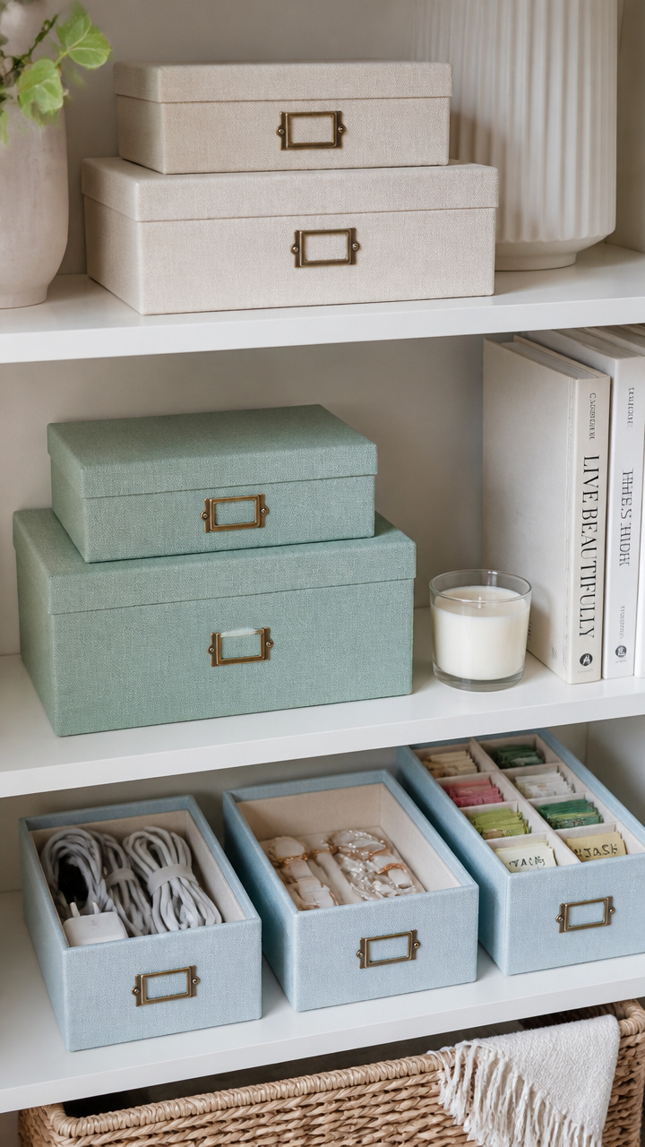 Stackable Decorative Boxes on Shelves